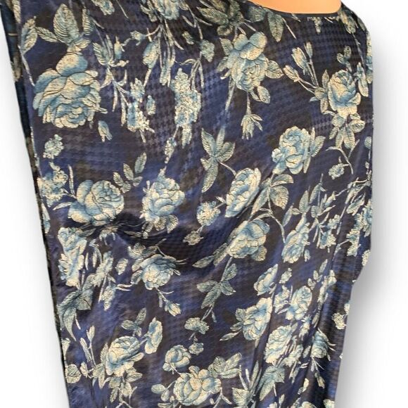 Vintage 90s Kaftan Maxi Dress Navy Blue Dark Floral Rose Houndstooth Satin OS - Picture 5 of 9